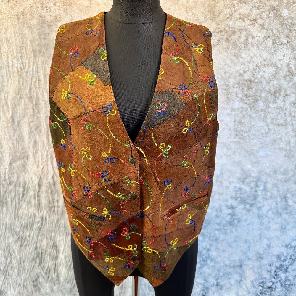American Flirt Vintage Embroidered Patchwork Leather Vest - Medium